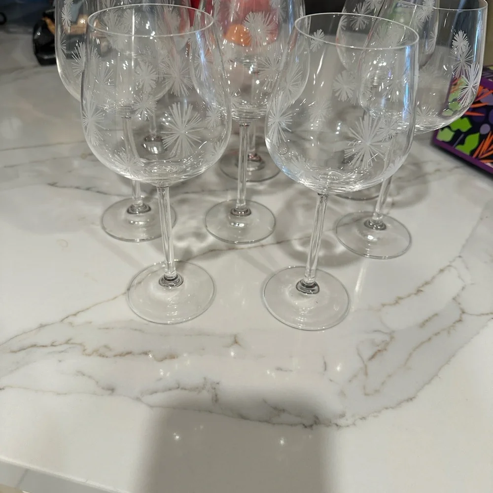 4 Crate&Barrel Clear Etched Wine Glasses